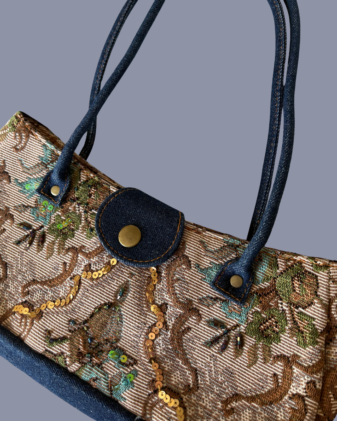 Tan Tapestry Sequin Embellished Denim Shoulder Bag