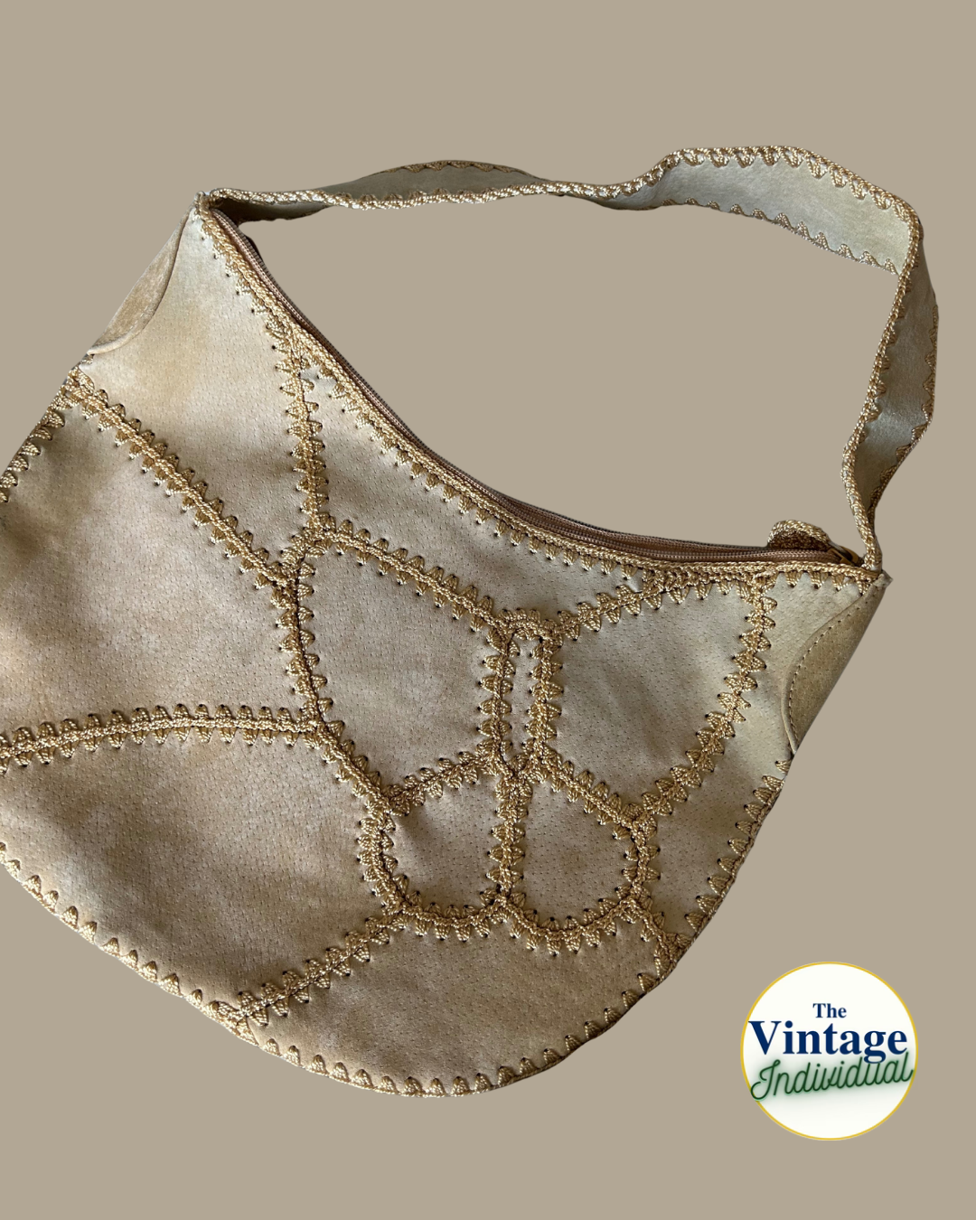 Beige Suede Whipstitch Butterfly Crescent Shoulder Bag