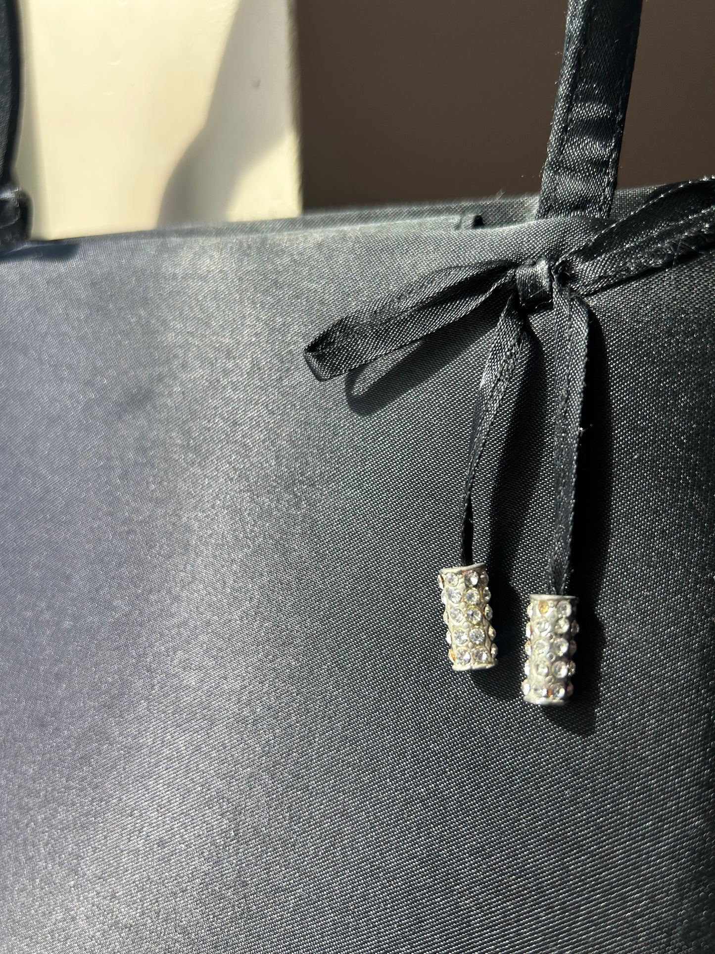 Black Satin Rhinestone Bow Top-Handle Bag