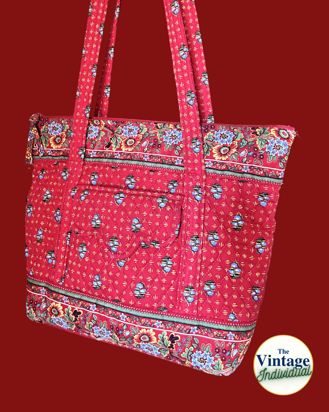 Vintage Y2K Vera Bradley Provincial Red Quilted Zip Tote Bag