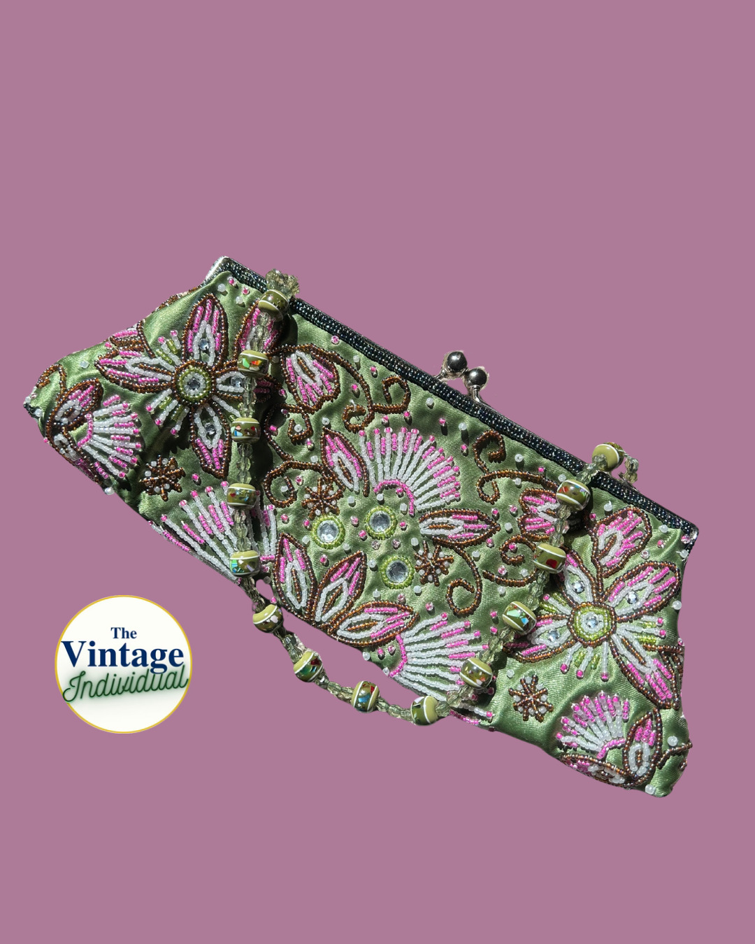 Sage Satin Beaded Floral Kiss-Lock Clutch