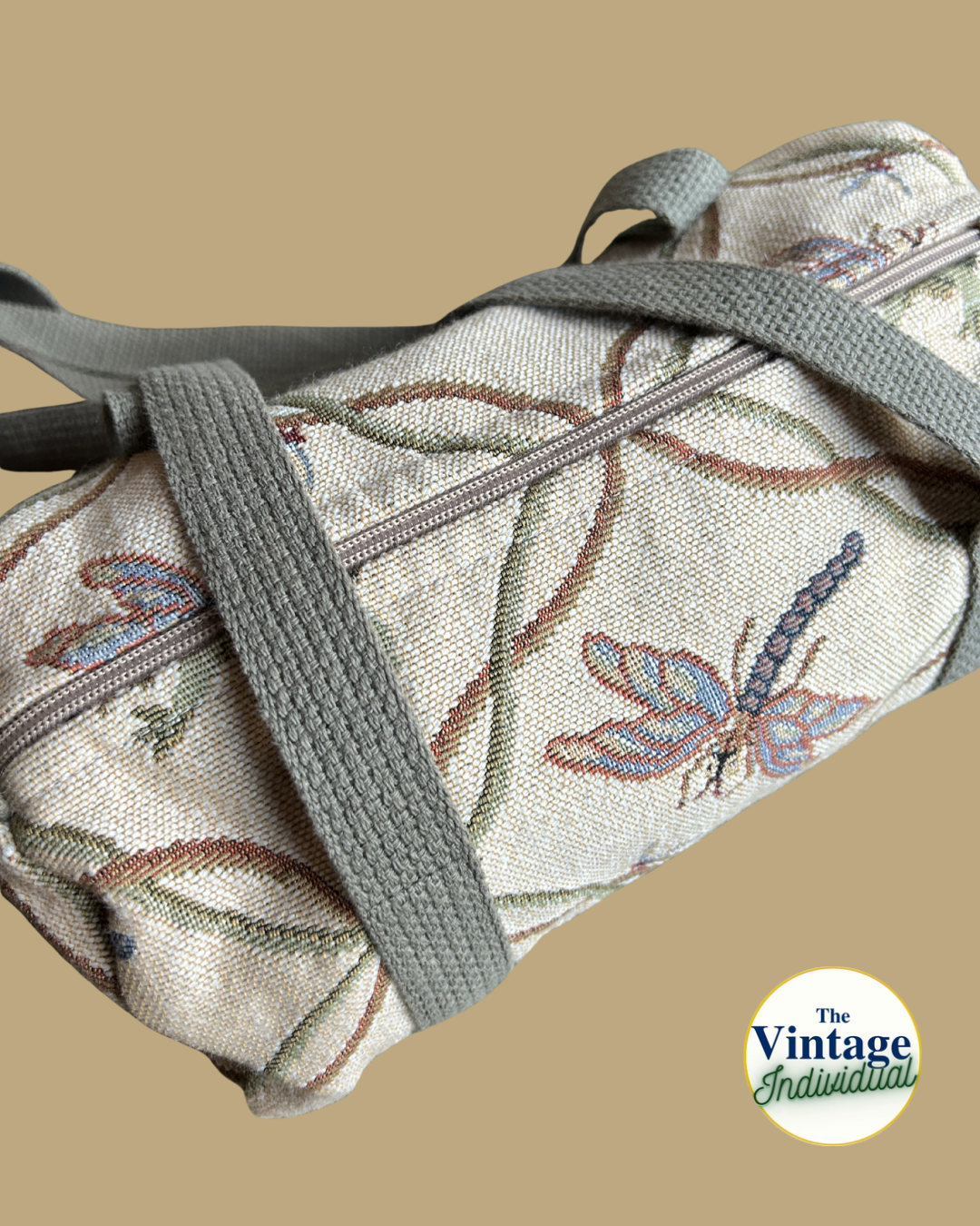 Vintage Tan Tapestry Dragonfly & Frog Shoulder Duffel Bag