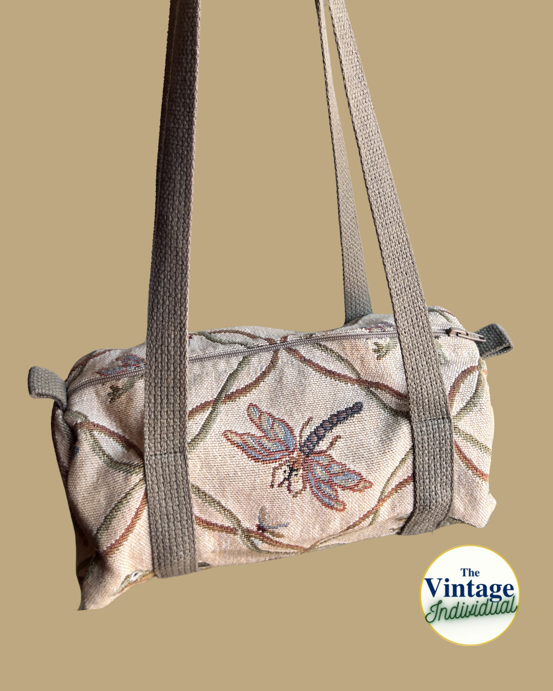 Vintage Tan Tapestry Dragonfly & Frog Shoulder Duffel Bag