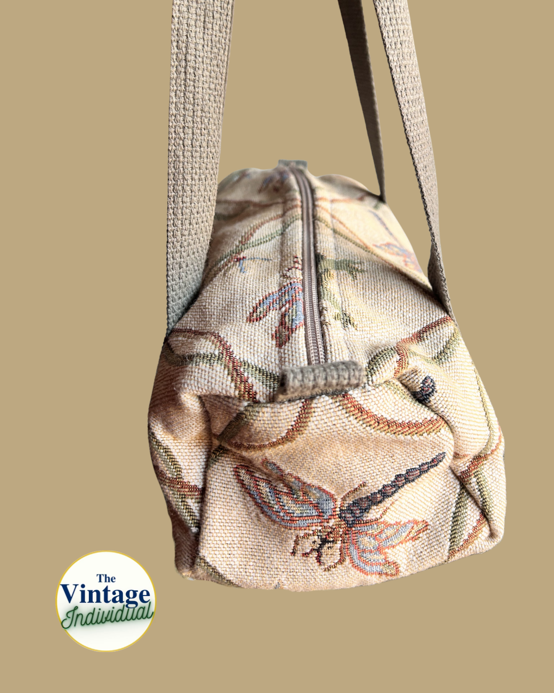 Vintage Tan Tapestry Dragonfly & Frog Shoulder Duffel Bag