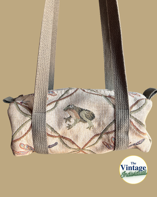 Vintage Tan Tapestry Dragonfly & Frog Shoulder Duffel Bag
