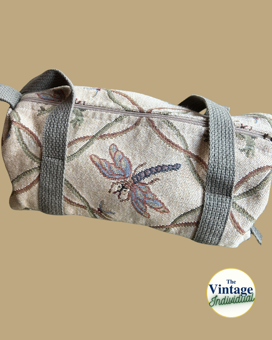 Vintage Tan Tapestry Dragonfly & Frog Shoulder Duffel Bag