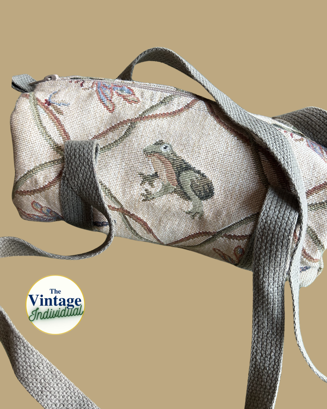 Vintage Tan Tapestry Dragonfly & Frog Shoulder Duffel Bag