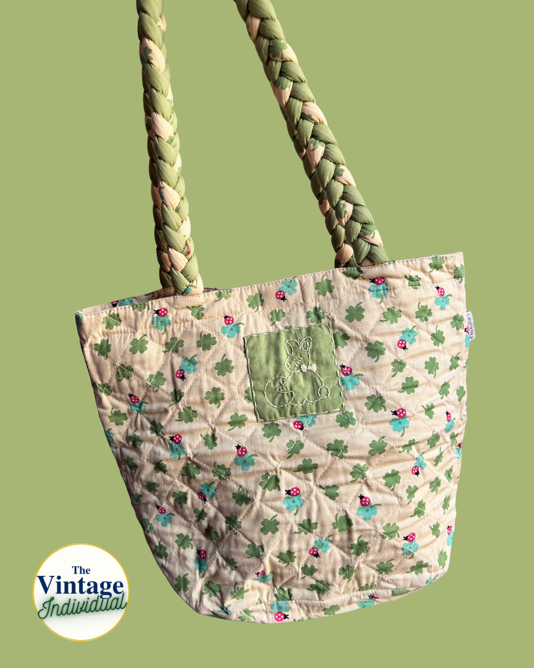 Vintage Quilted Lucky Clover Bunny Braided Handle Tote