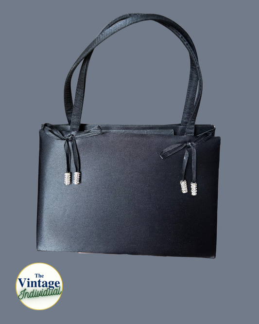 Black Satin Rhinestone Bow Top-Handle Bag