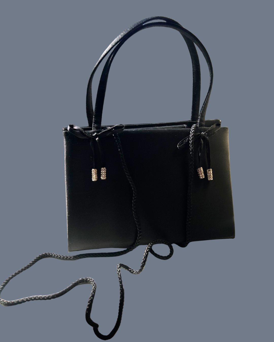 Black Satin Rhinestone Bow Top-Handle Bag