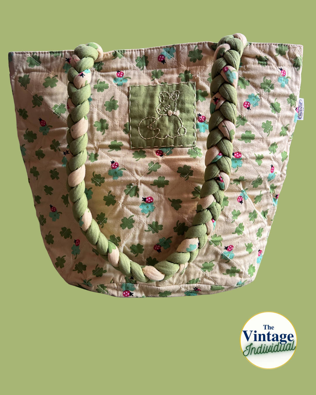 Vintage Quilted Lucky Clover Bunny Braided Handle Tote