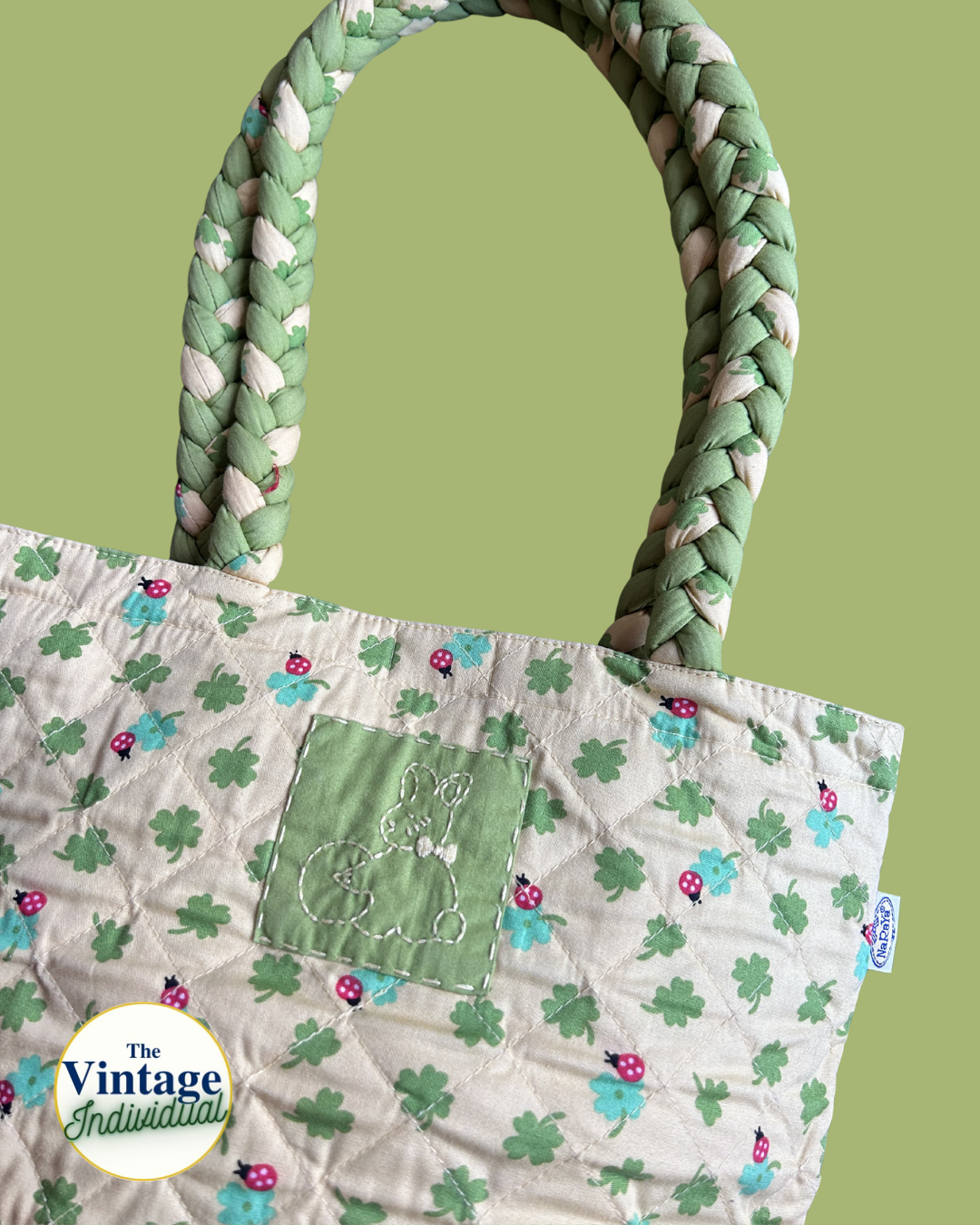 Vintage Quilted Lucky Clover Bunny Braided Handle Tote