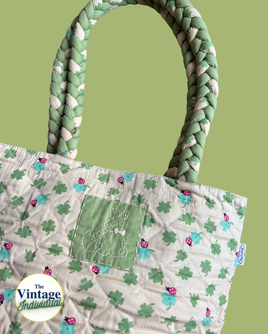Vintage Quilted Lucky Clover Bunny Braided Handle Tote