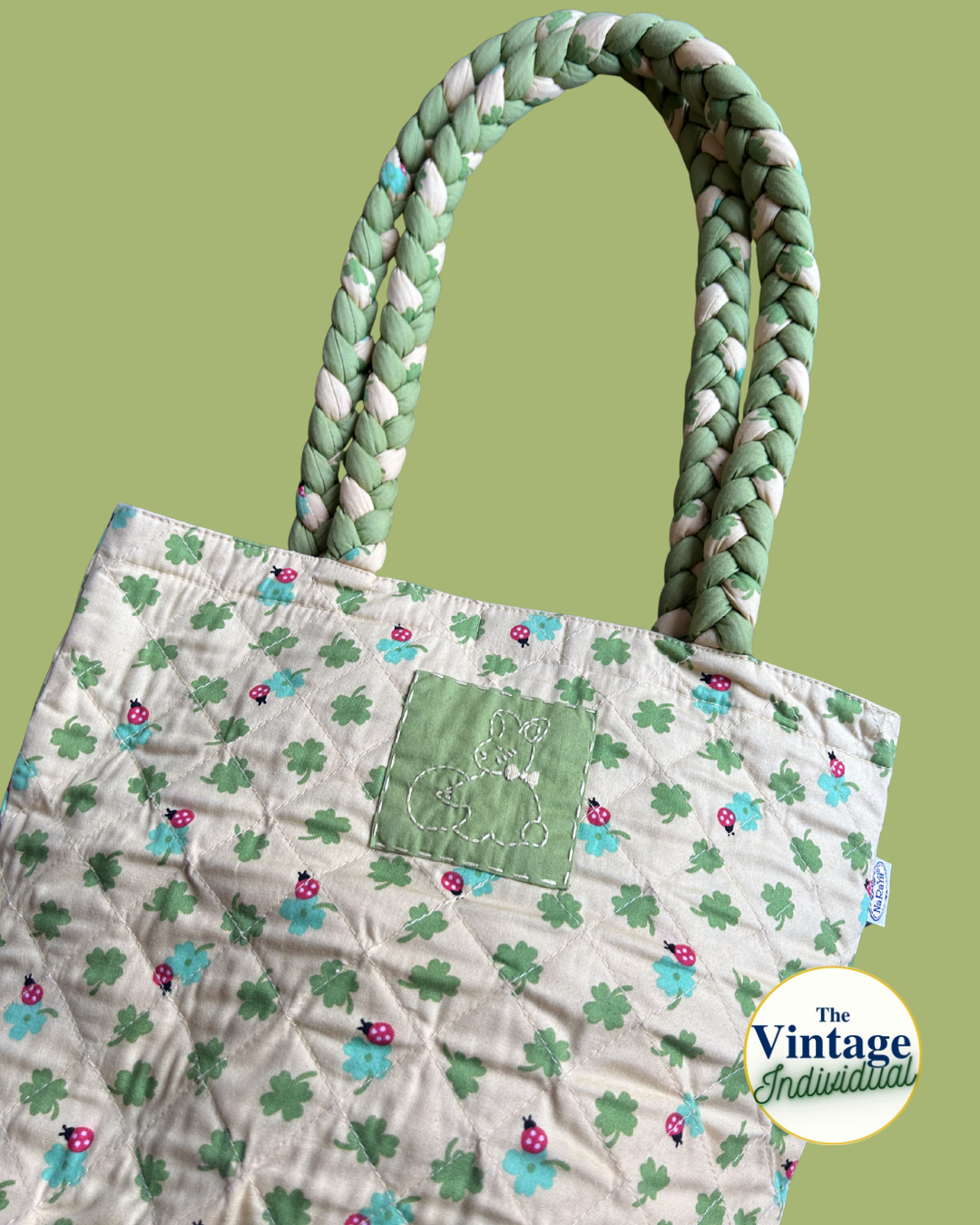 Vintage Quilted Lucky Clover Bunny Braided Handle Tote
