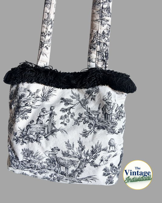 Vintage Black and White Victorian Toile Fringed Tote