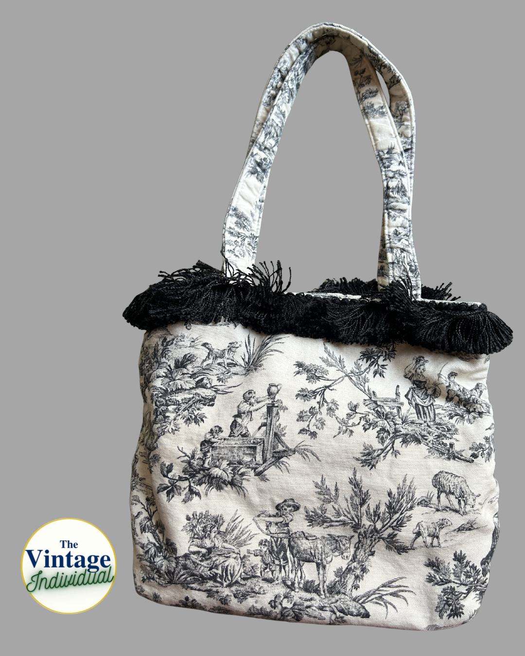 Vintage Black and White Victorian Toile Fringed Tote