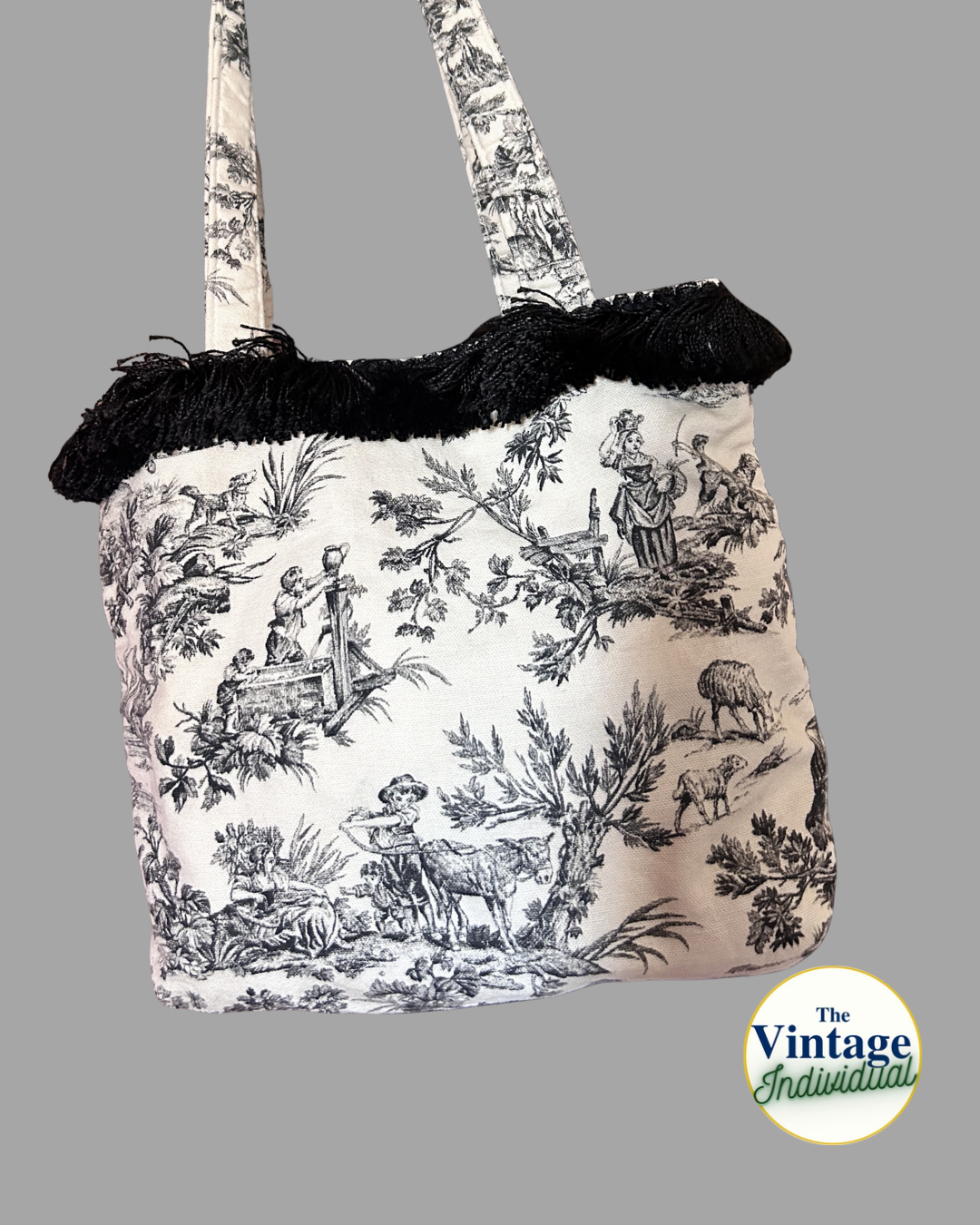 Vintage Black and White Victorian Toile Fringed Tote