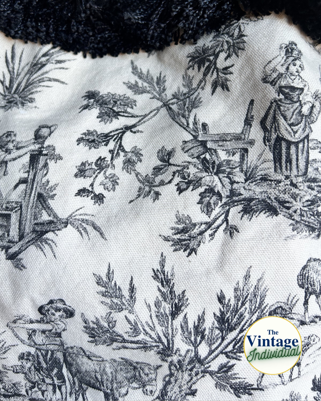 Vintage Black and White Victorian Toile Fringed Tote