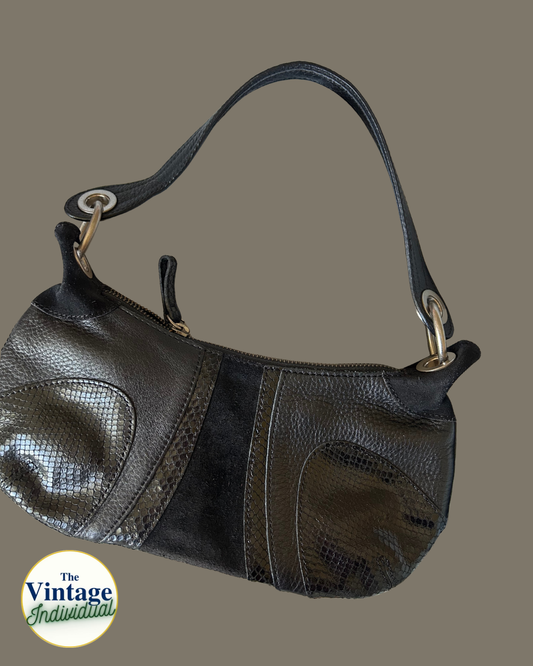 Black Leather Mixed-Texture Crescent Shoulder Bag