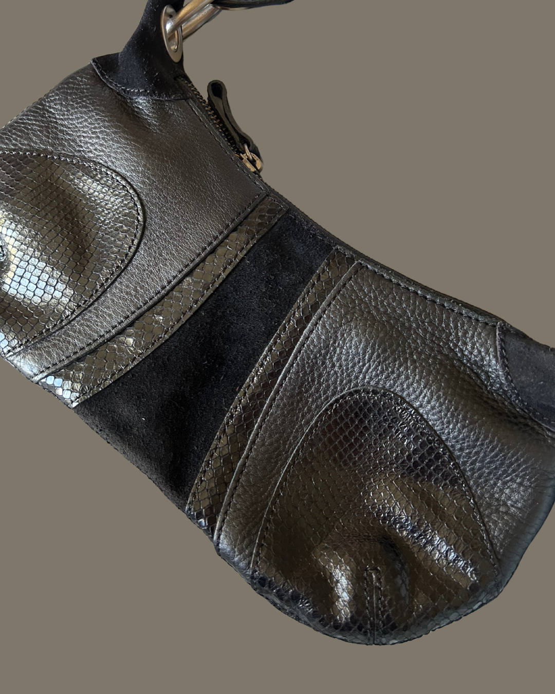 Black Leather Mixed-Texture Crescent Shoulder Bag