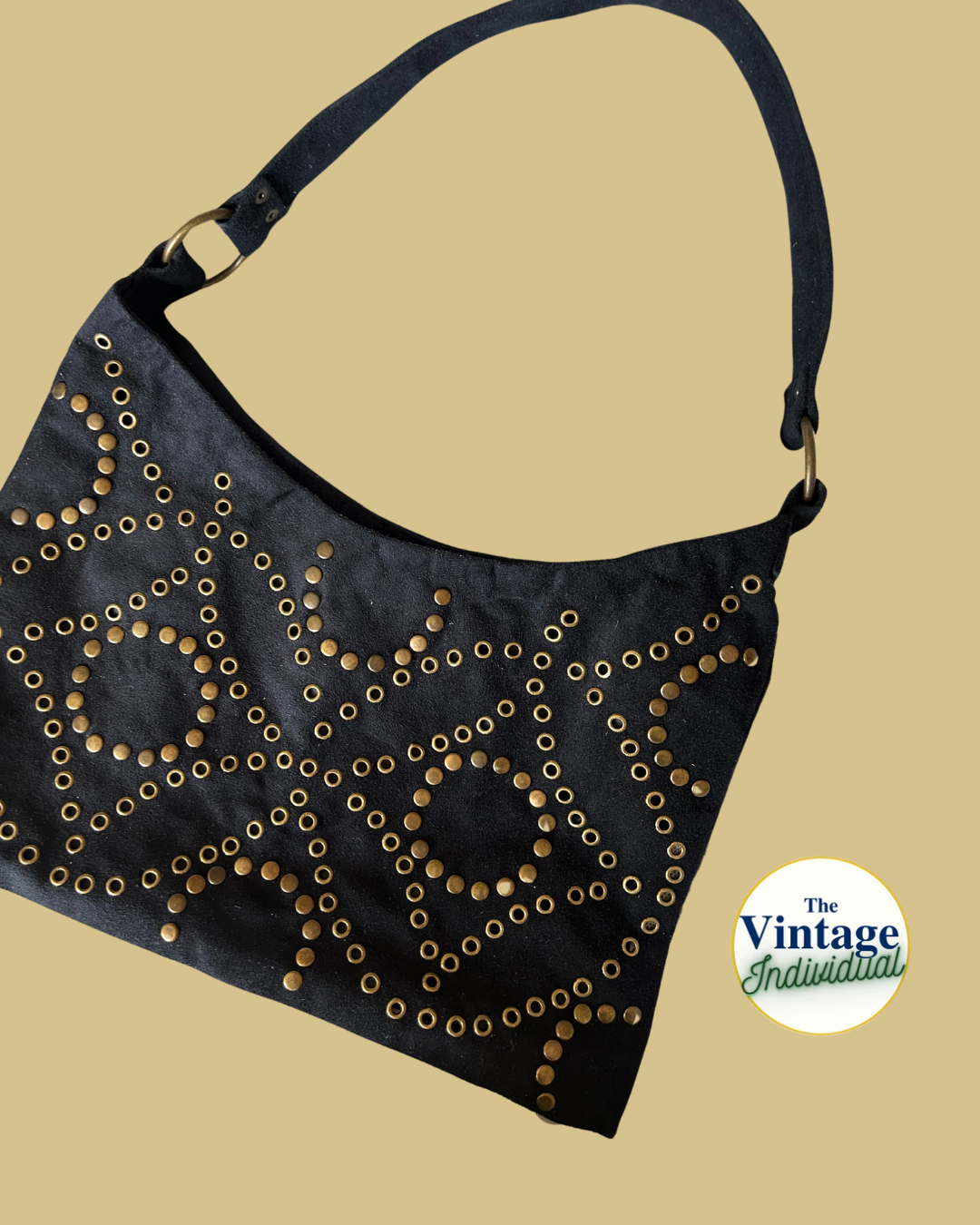 Black Suede Studs and Groments Geometric Shoulder Bag