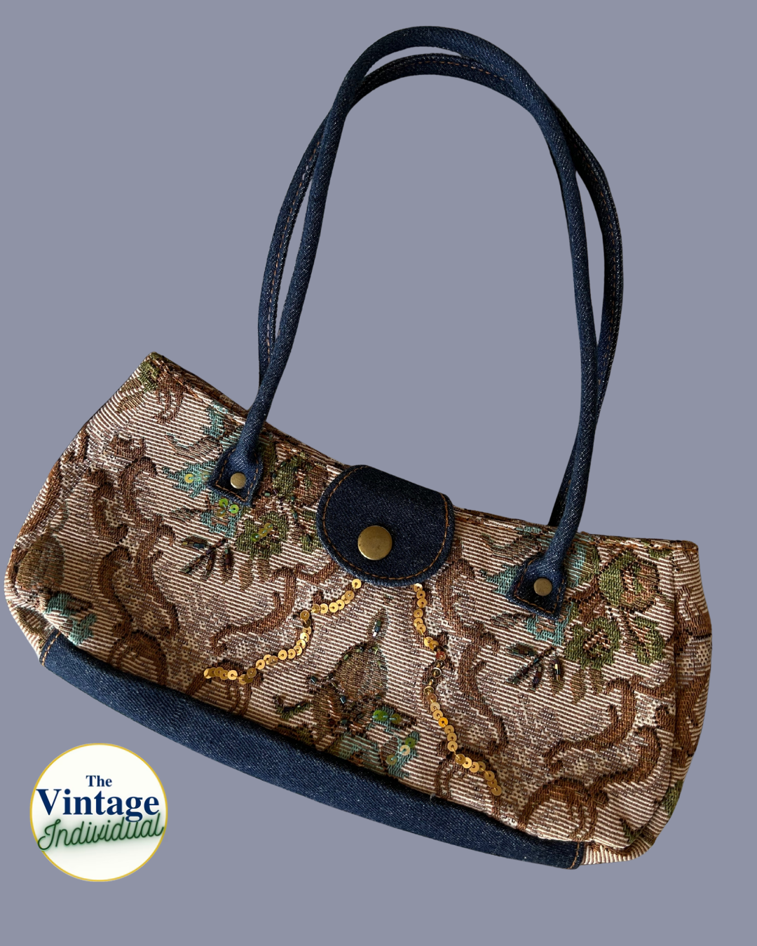 Tan Tapestry Sequin Embellished Denim Shoulder Bag